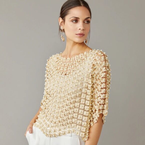 NWT Pearl Embellished Crochet Top, Gold Floral Embroidery Detail, flaw - Picture 5 of 13